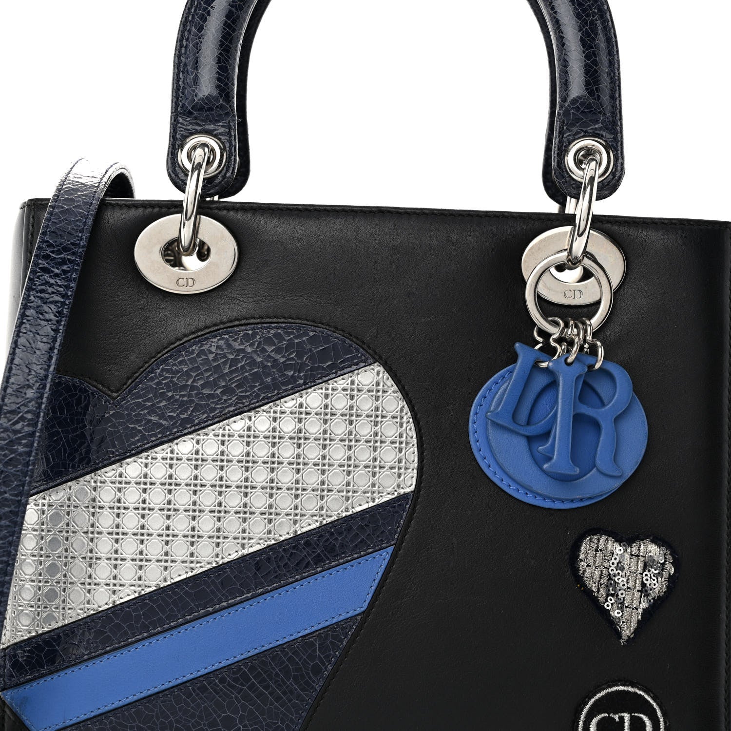 Christian Dior Calfskin Patent Embroidered Valentines Day Heart Medium Lady Dior Black Blue 7 of 9