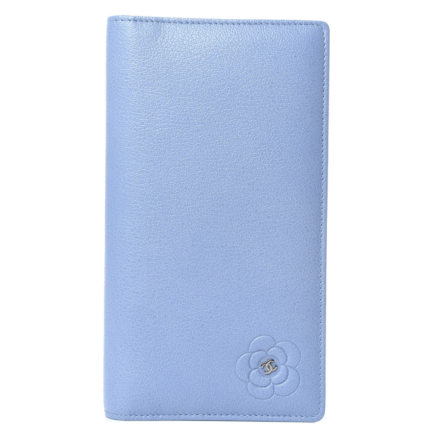 Chanel Goatskin Camellia Embossed Yen Wallet Blue 1 of 13