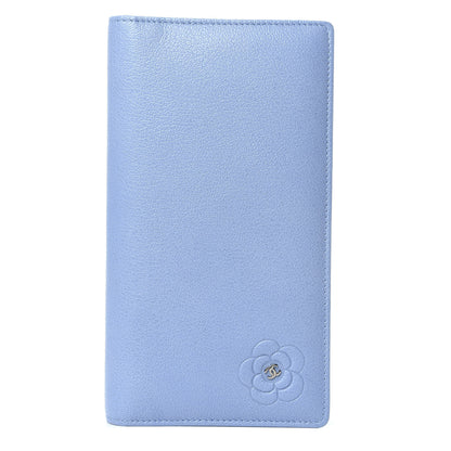 Chanel Goatskin Camellia Embossed Yen Wallet Blue 1 of 13
