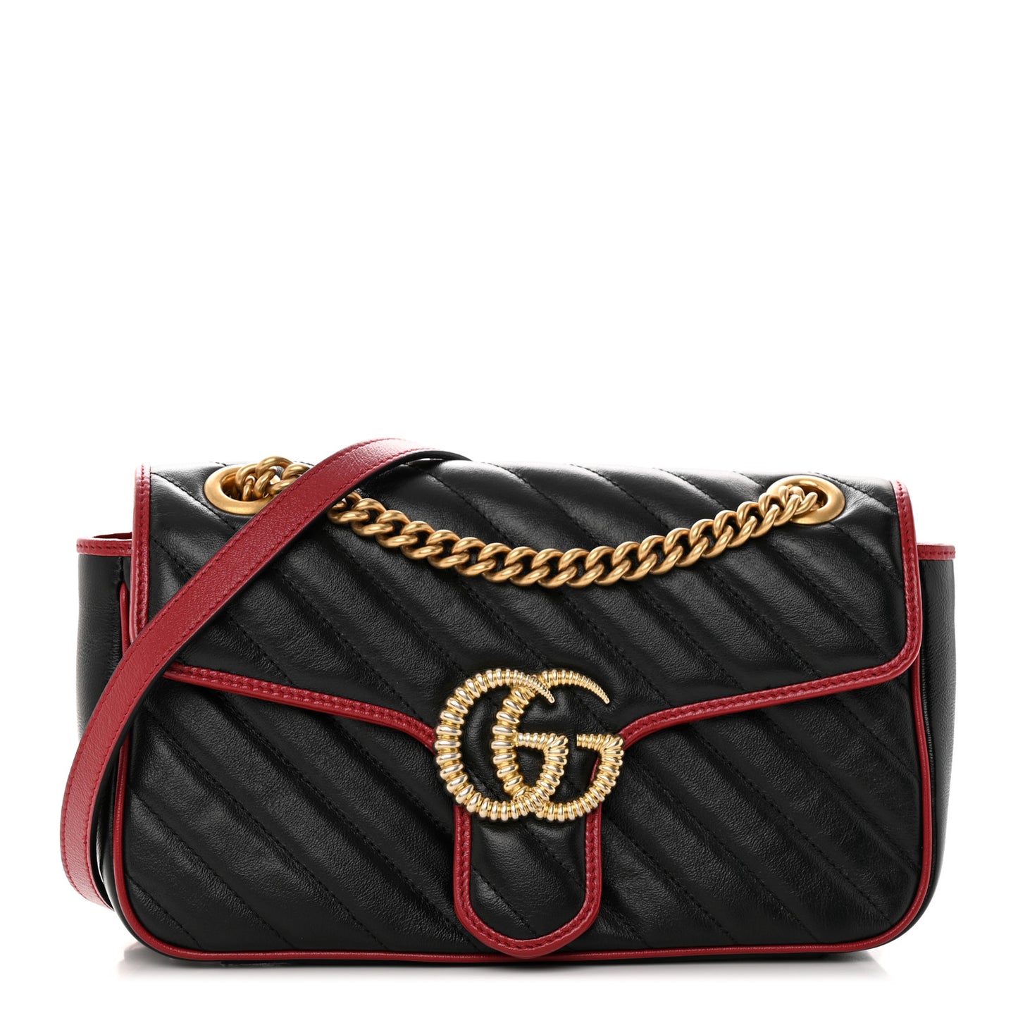Vintage Effect Calfskin Matelasse Diagonal Small Torchon GG Marmont Shoulder Bag Black Romantic Cherry