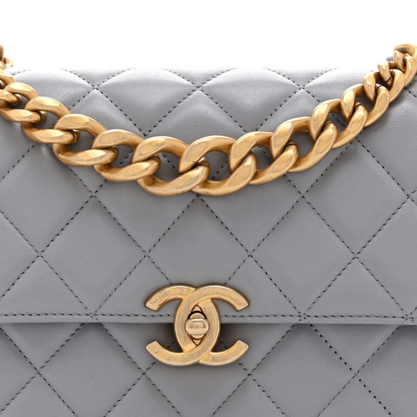 Caflskin Quilted Dual Handle Chain Flap Bag Grey