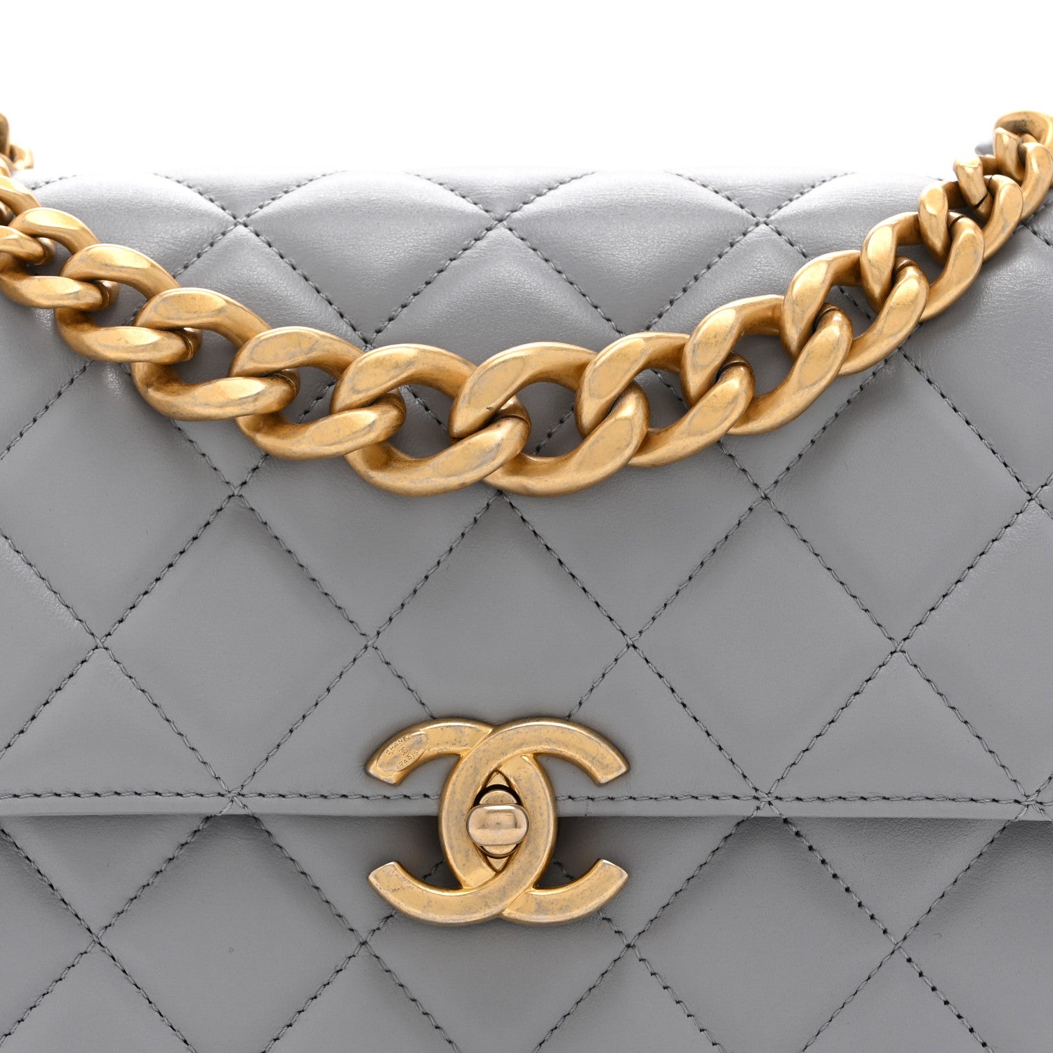 Chanel Caflskin Quilted Dual Handle Chain Flap Bag Grey 8 of 10