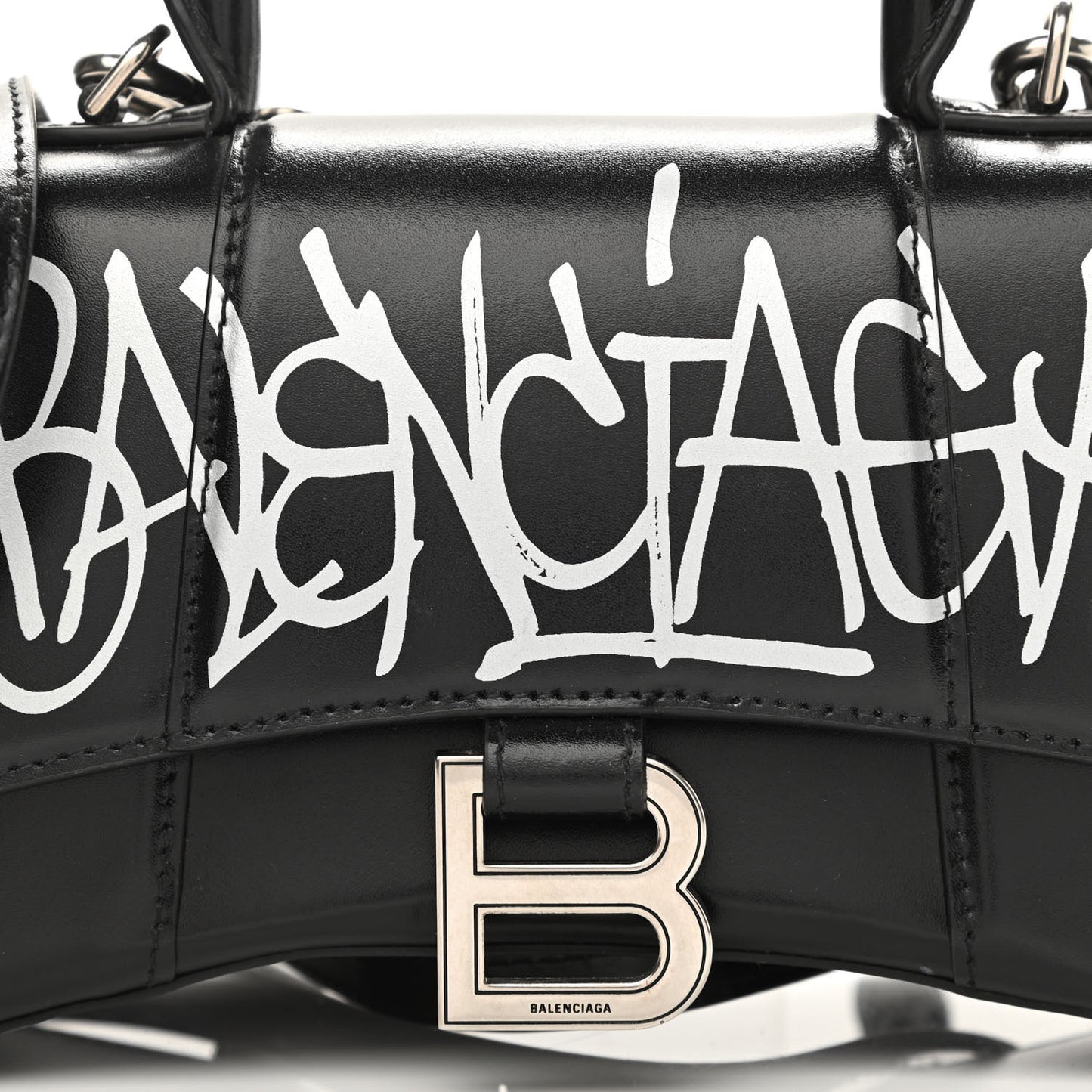 Box Calfskin Graffiti Logo Hourglass Top Handle Bag XS Black Silver