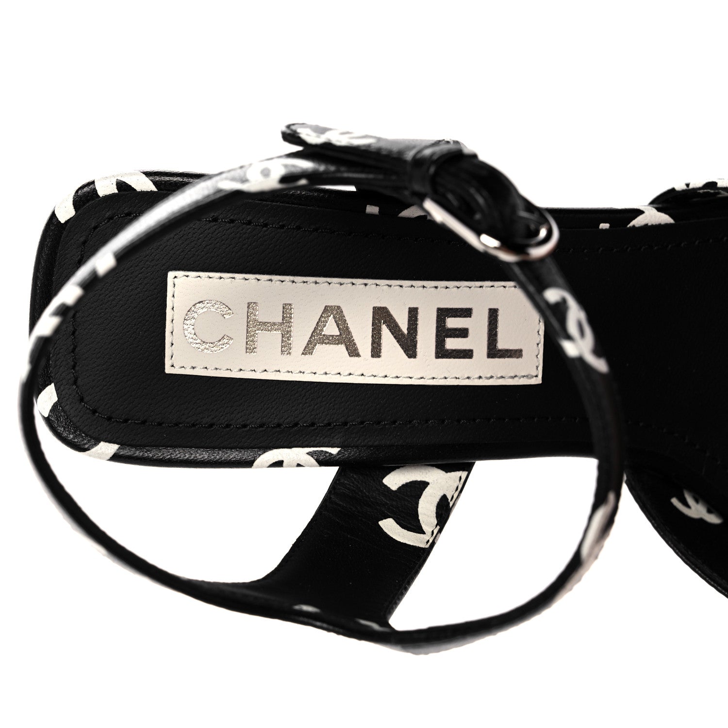Chanel Printed Lambskin CC Sandals 36.5 Black White 7 of 9