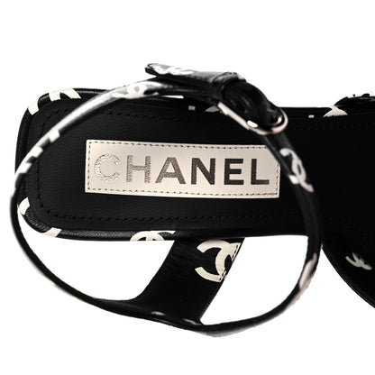 Chanel Printed Lambskin CC Sandals 36.5 Black White 7 of 9