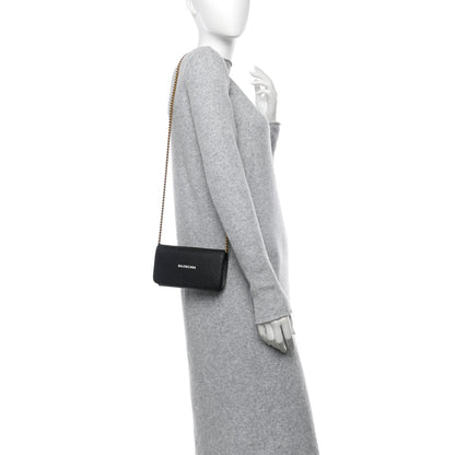 Balenciaga Grained Calfskin Logo Cash Phone Holder Wallet On Chain Black White 2 of 12