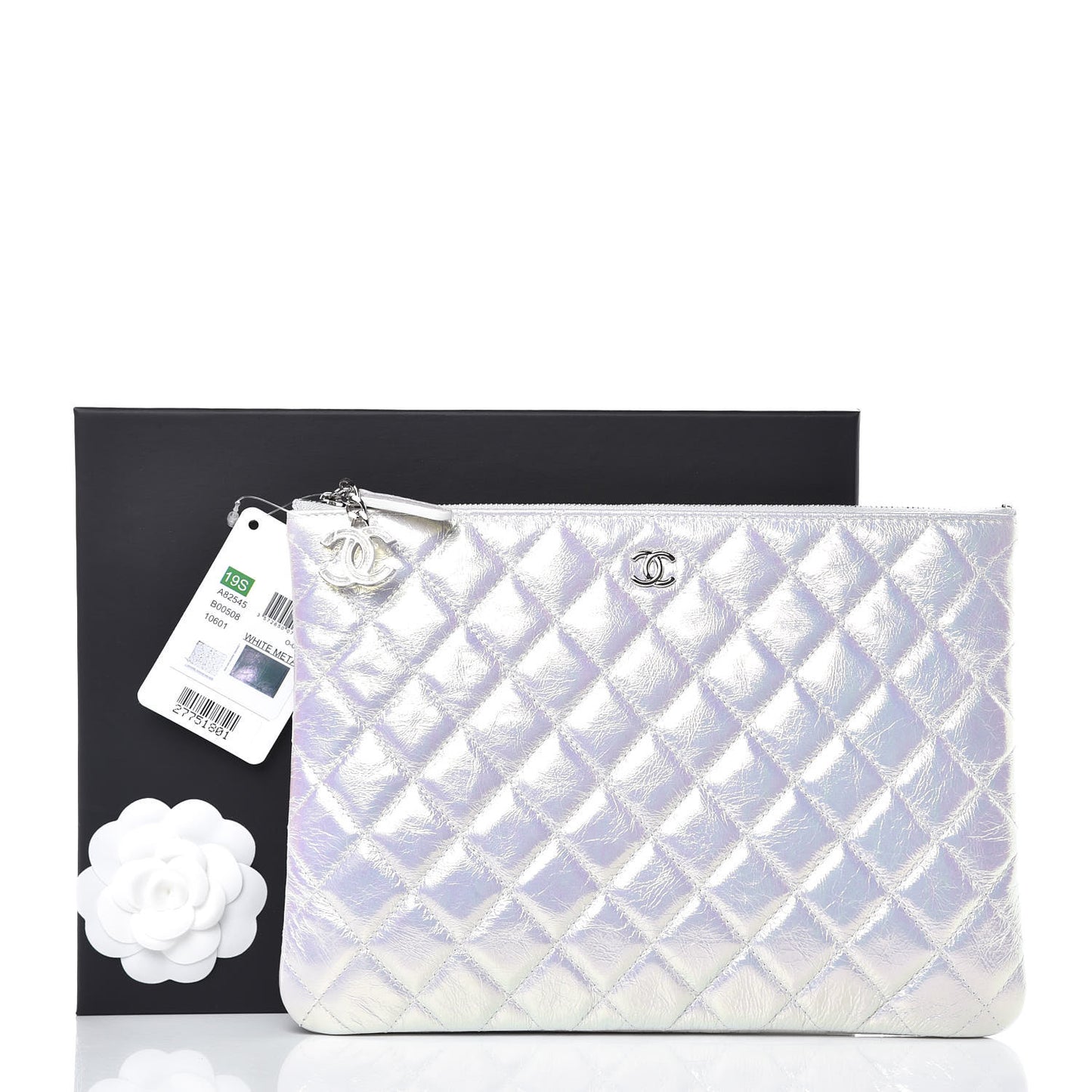 Iridescent Crumpled Calfskin CC Ripples Medium Cosmetic Case White