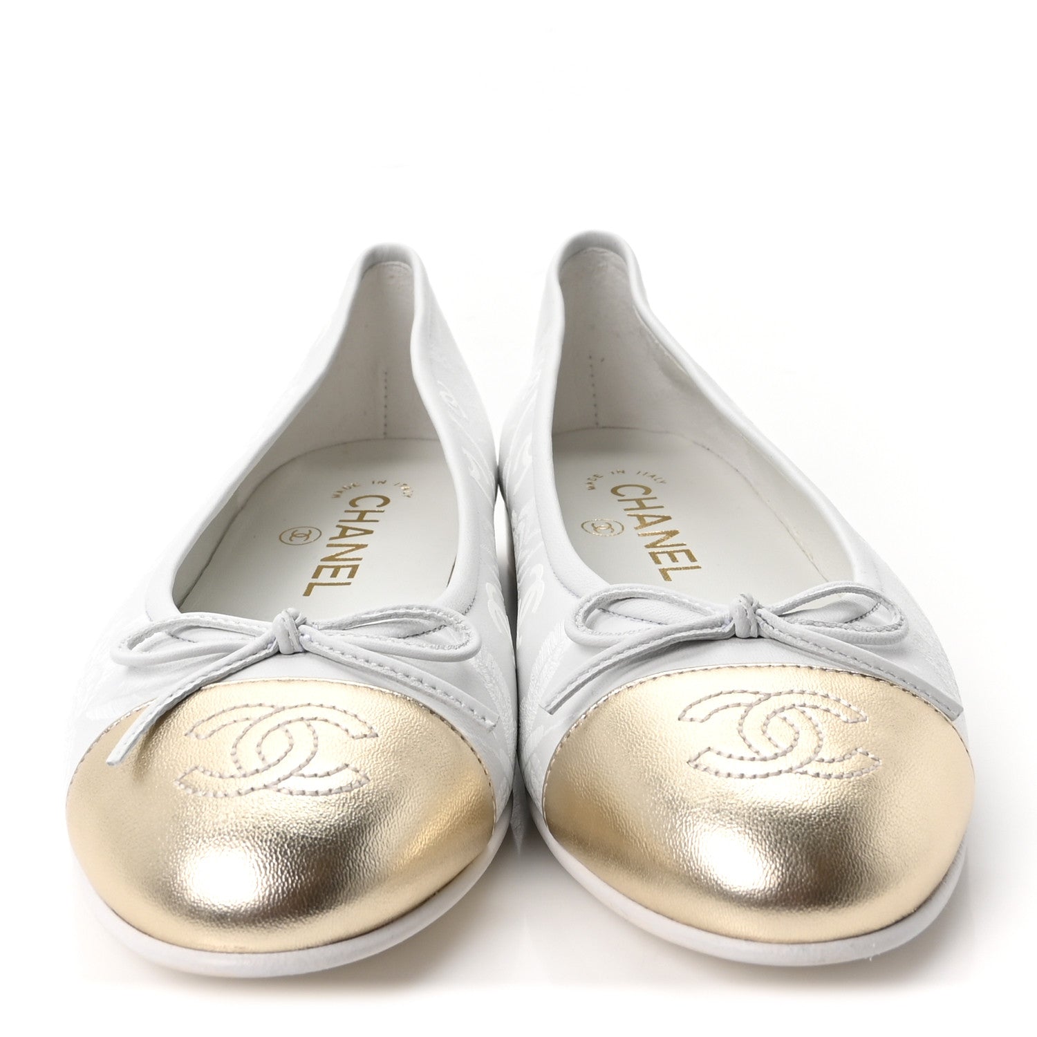 Chanel Lambskin Metallic Lambskin Cap Toe CC Ballet Flats 36 White Gold 3 of 9