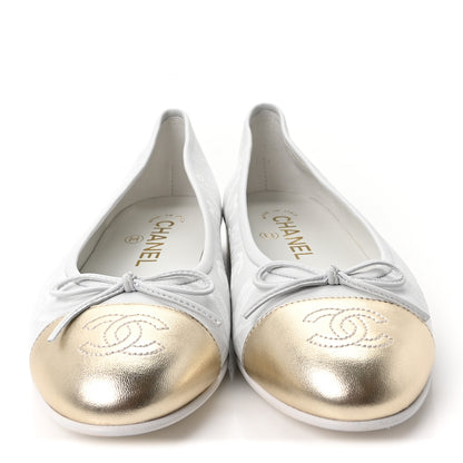 Chanel Lambskin Metallic Lambskin Cap Toe CC Ballet Flats 36 White Gold 3 of 9