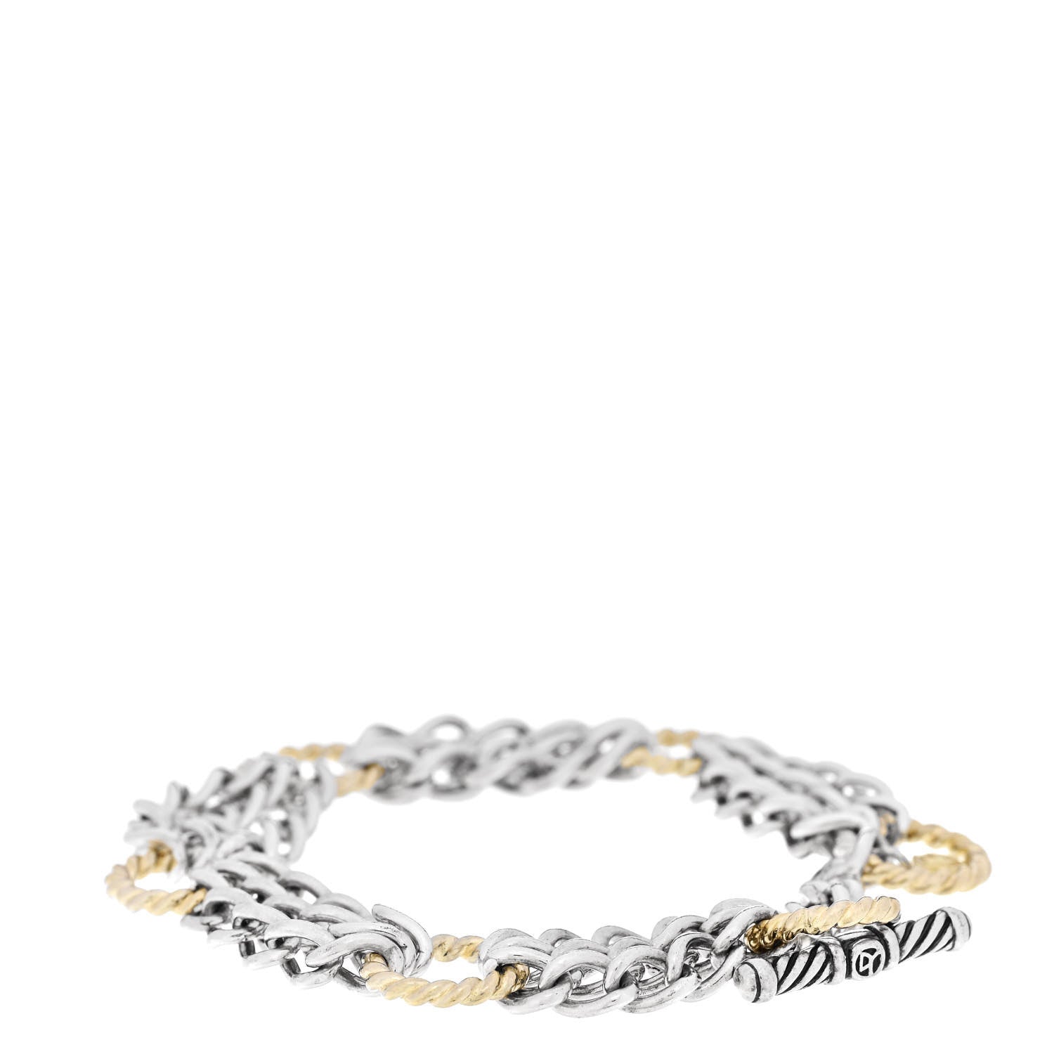 David Yurman Sterling Silver 18k Yellow Gold Round Cable 3 Row Chain Link Toggle Bracelet 2 of 3