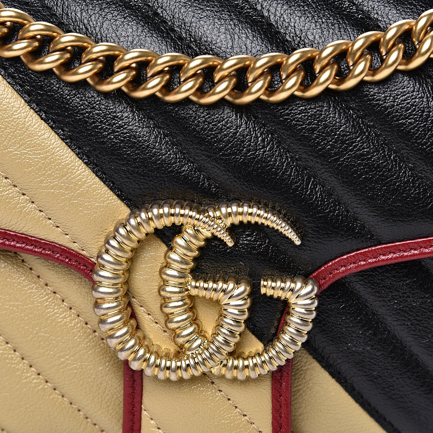 Vintage Effect Calfskin Matelasse Diagonal Striped Small Torchon GG Marmont Shoulder Bag Black Beige