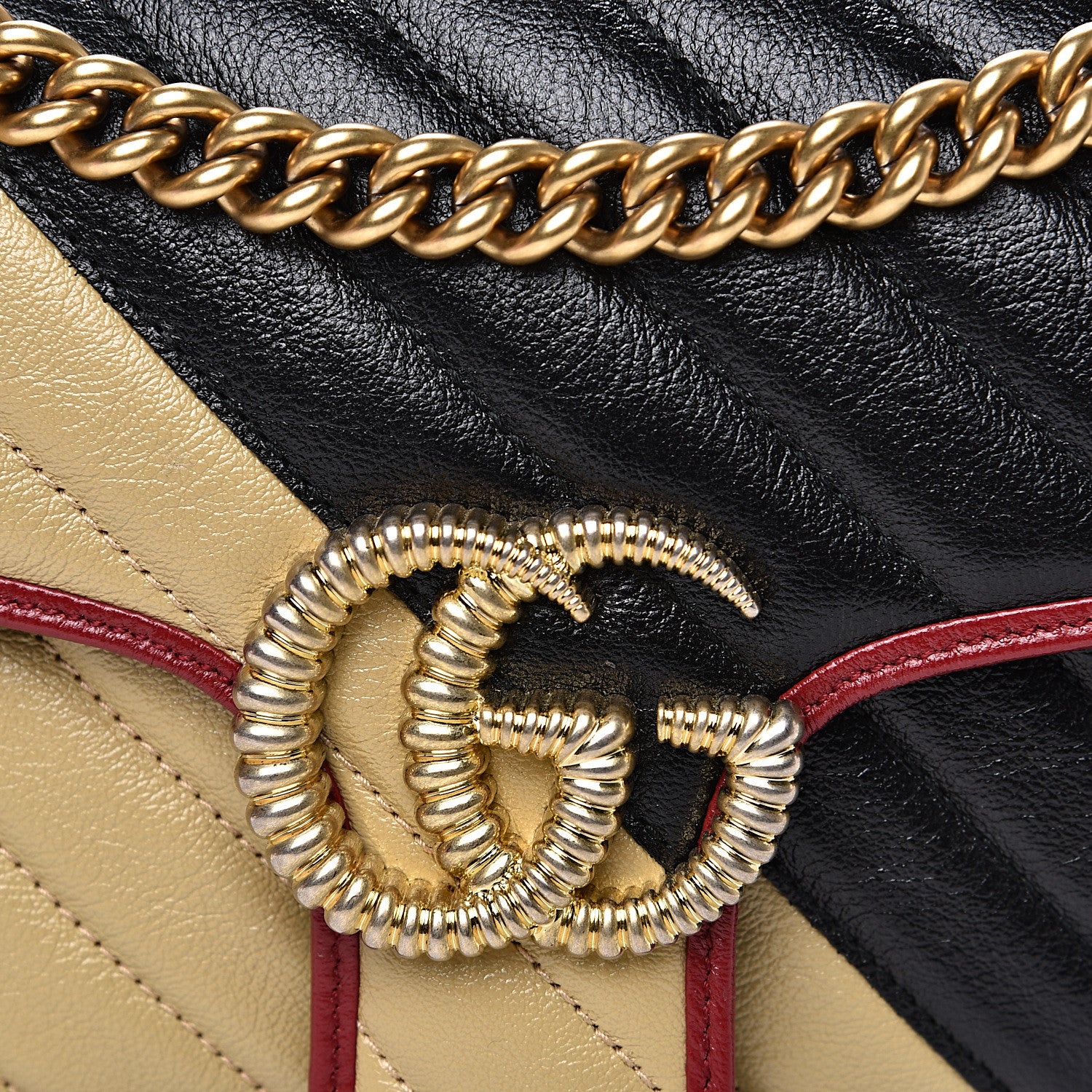 Gucci Vintage Effect Calfskin Matelasse Diagonal Striped Small Torchon GG Marmont Shoulder Bag Black Beige 7 of 9