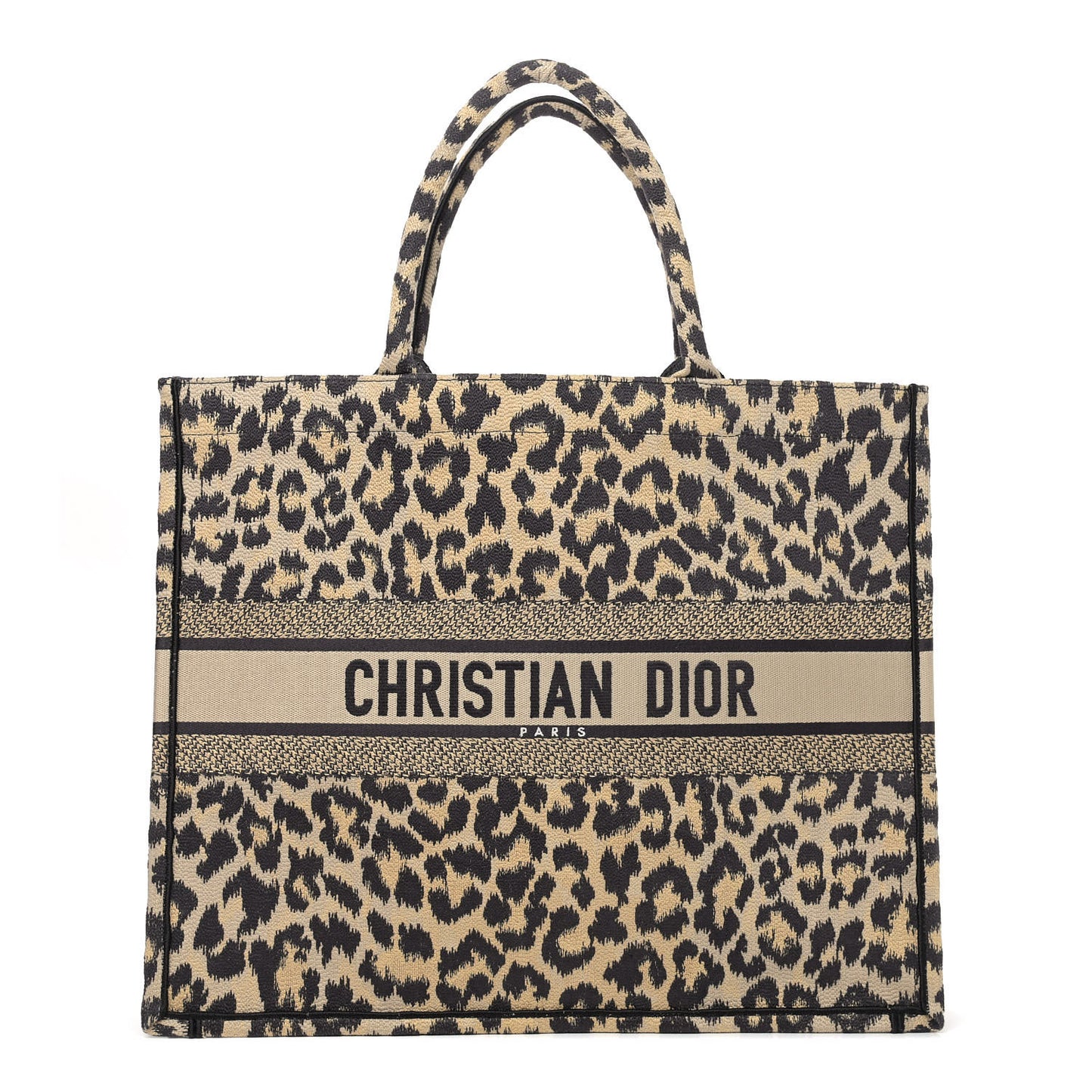 Canvas Mizza Embroidered Large Leopard Book Tote Beige