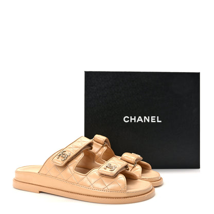 Chanel Lambskin Quilted Velcro Dad Chain CC Slide Sandals 38.5 Beige 9 of 9