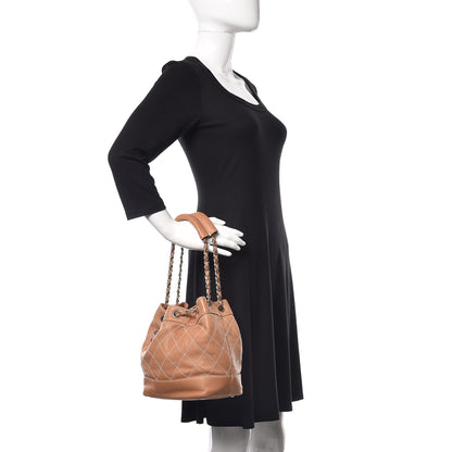 Chanel Lambskin Contrast Stitch Small Drawstring Tote Camel 2 of 13