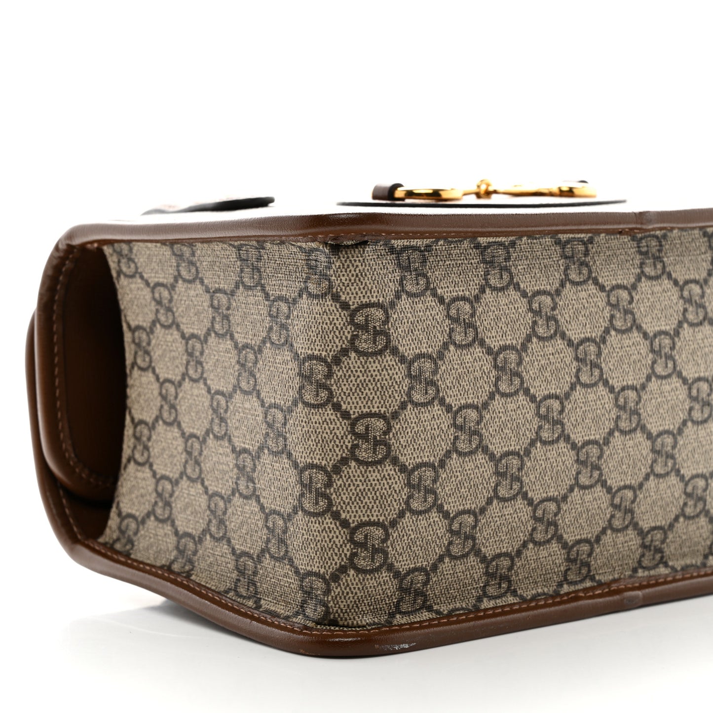 GG Supreme Monogram Azalea Calfskin Mini Horsebit 1955 Foldover Top Handle Bag Beige Ebony Brown Sugar