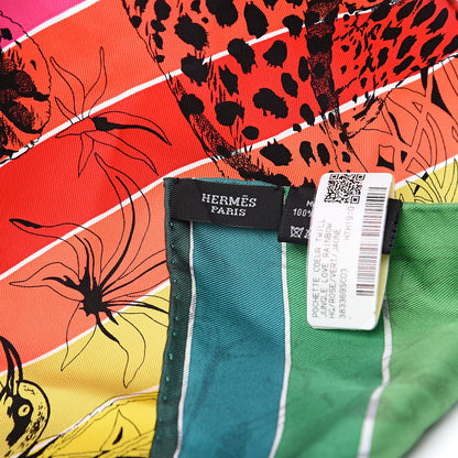 Hermes Silk Jungle Love Rainbow Bolduc Au Carre Pocket Square Rose Vert Jaune 3 of 3