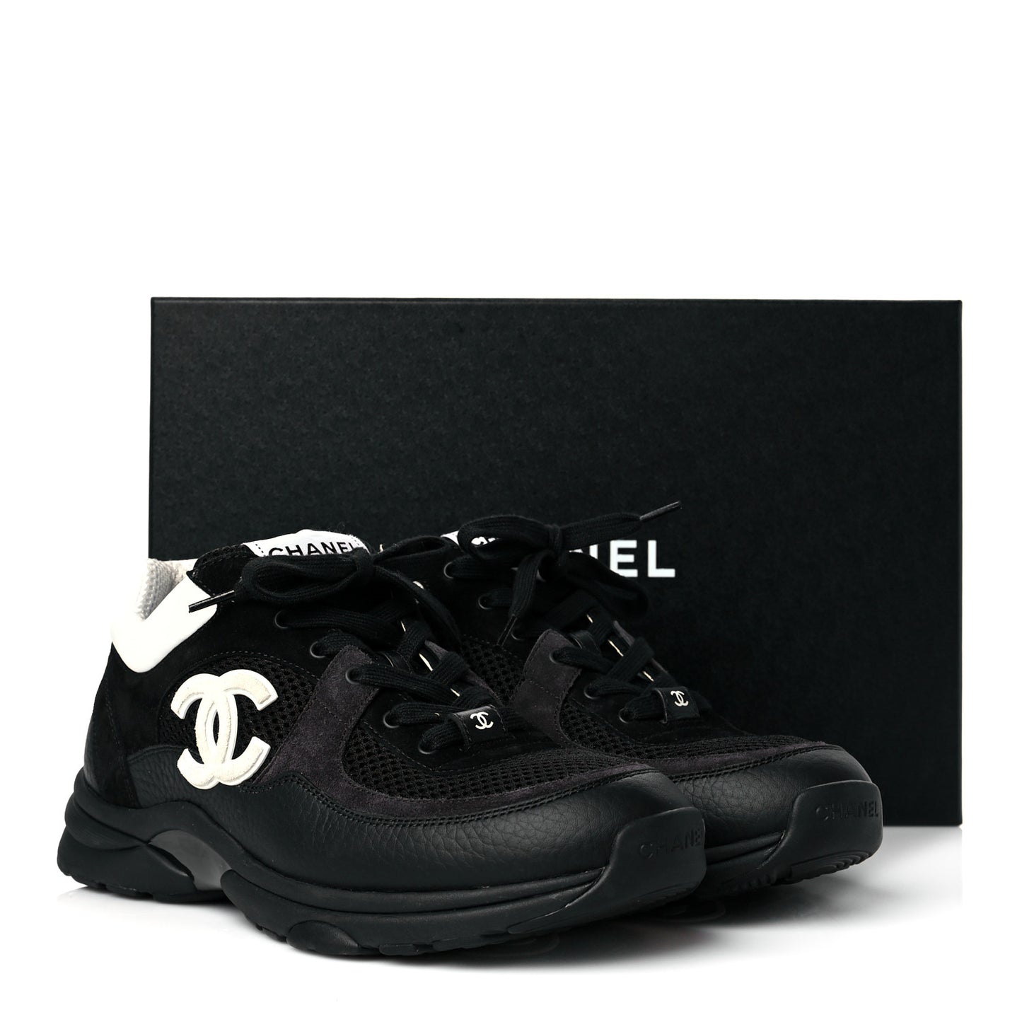 Mesh Suede Grained Calfskin Womens CC Sneakers 40 Black White