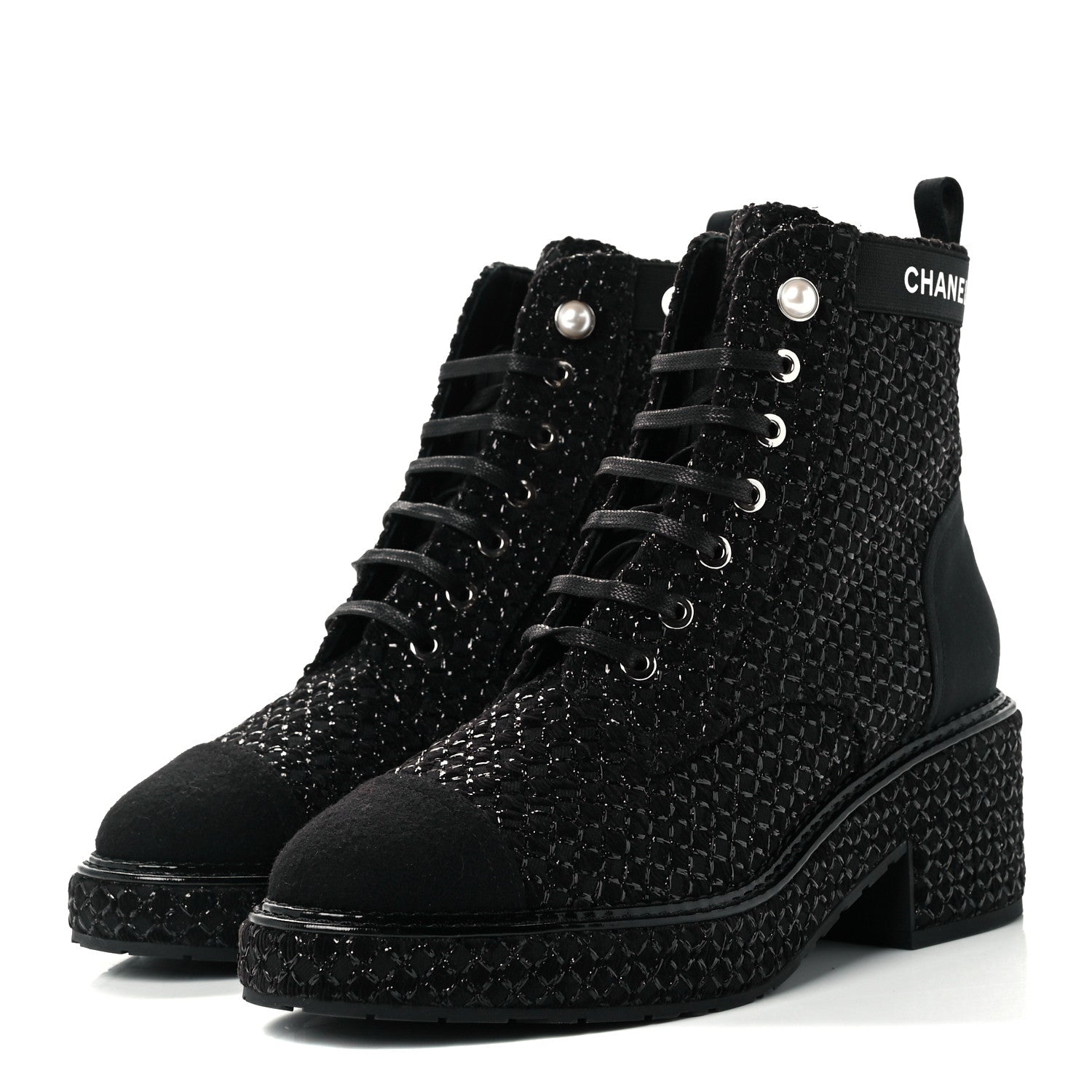 Chanel Tweed Grosgrain Fabric Lace Up Combat Boots 37 Black 3 of 10