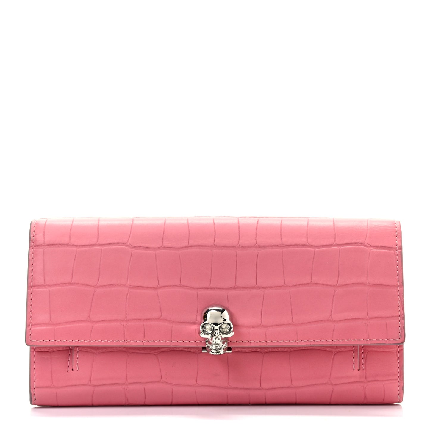 Crocodile Embossed Calfskin Skull Wallet on Chain Pink