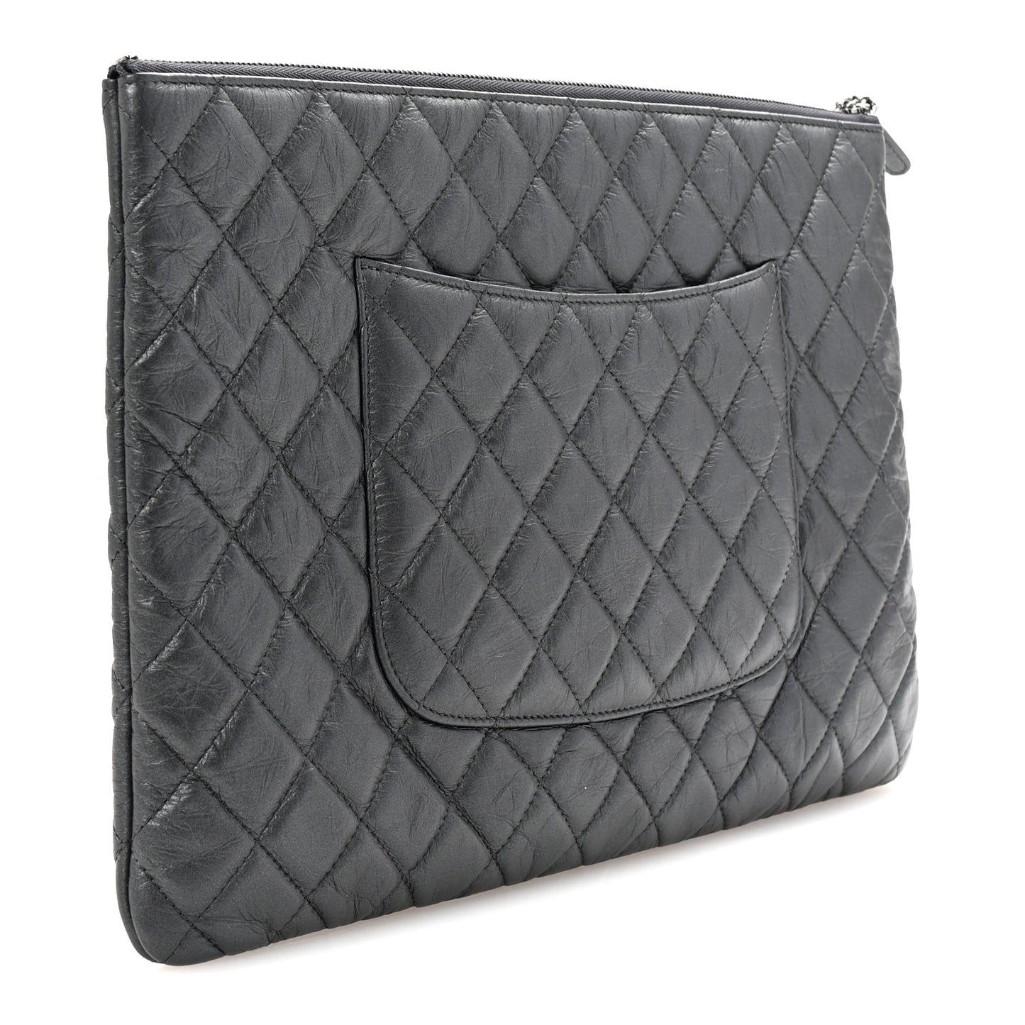 Aged Calfskin Quilted Large Tassel Cosmetic Case Dark Grey
