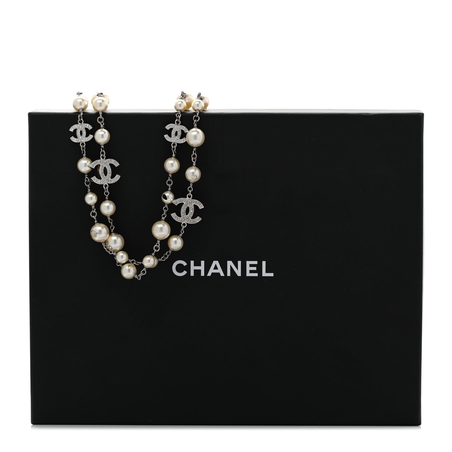 Graduated Pearl Crystal CC Long Necklace Silver