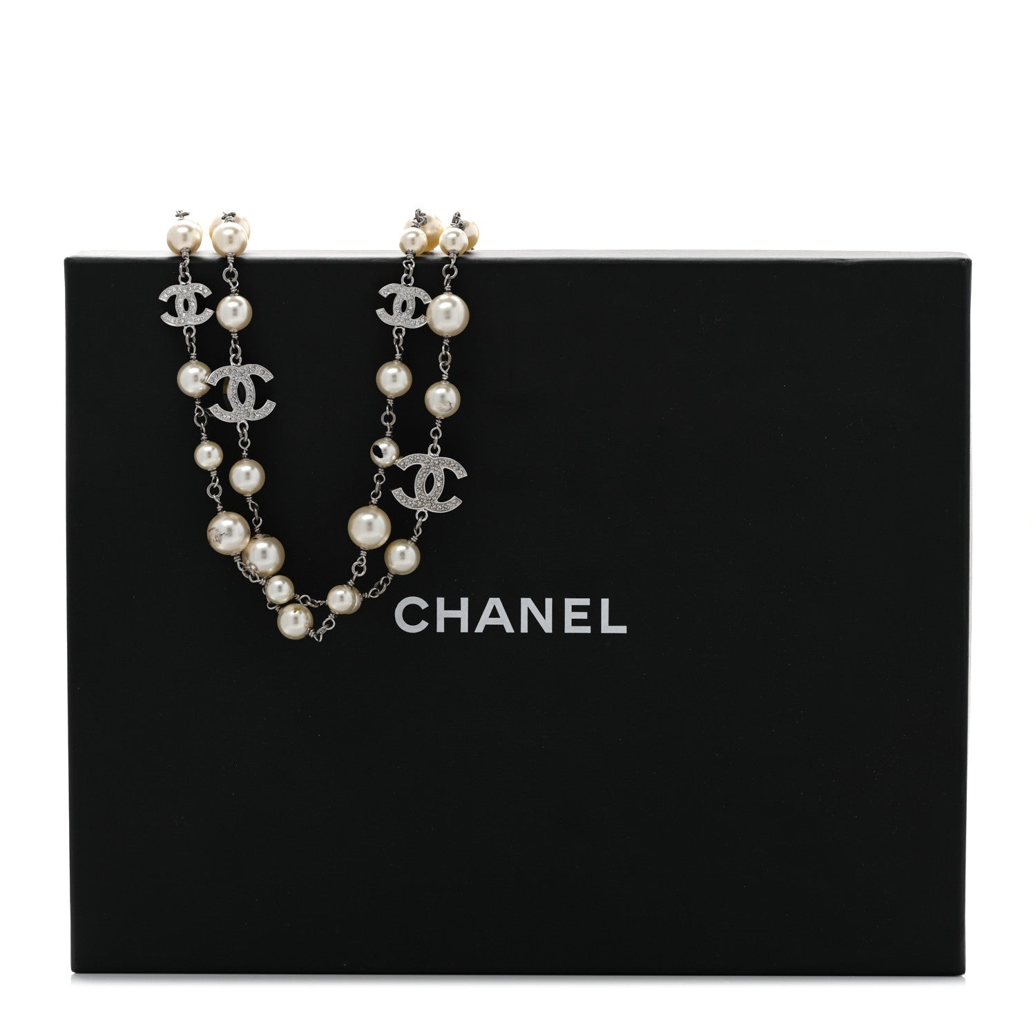 Chanel Graduated Pearl Crystal CC Long Necklace Silver 10 of 10