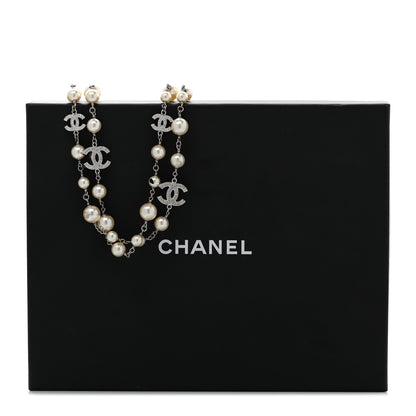 Chanel Graduated Pearl Crystal CC Long Necklace Silver 10 of 10