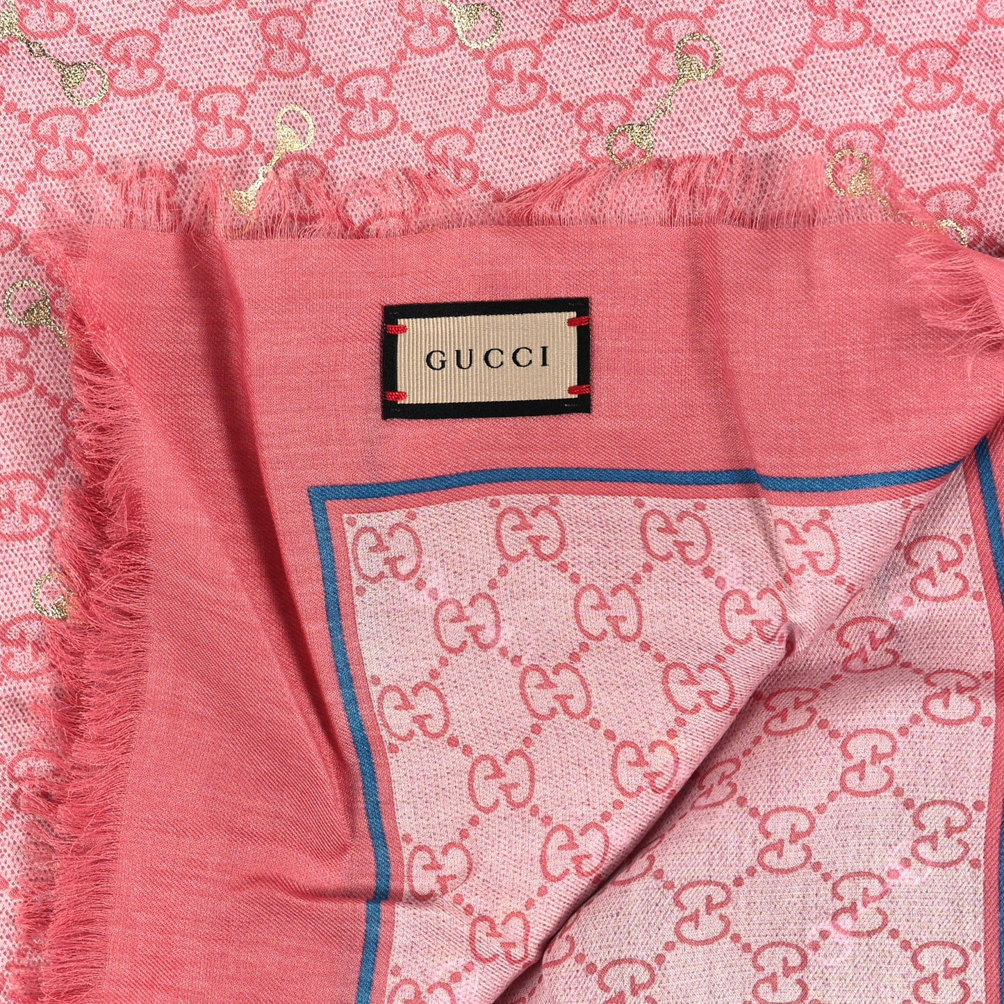 Modal Silk GG Monogram Big Gold Horsebit Fringe Shawl Pink Sky Blue
