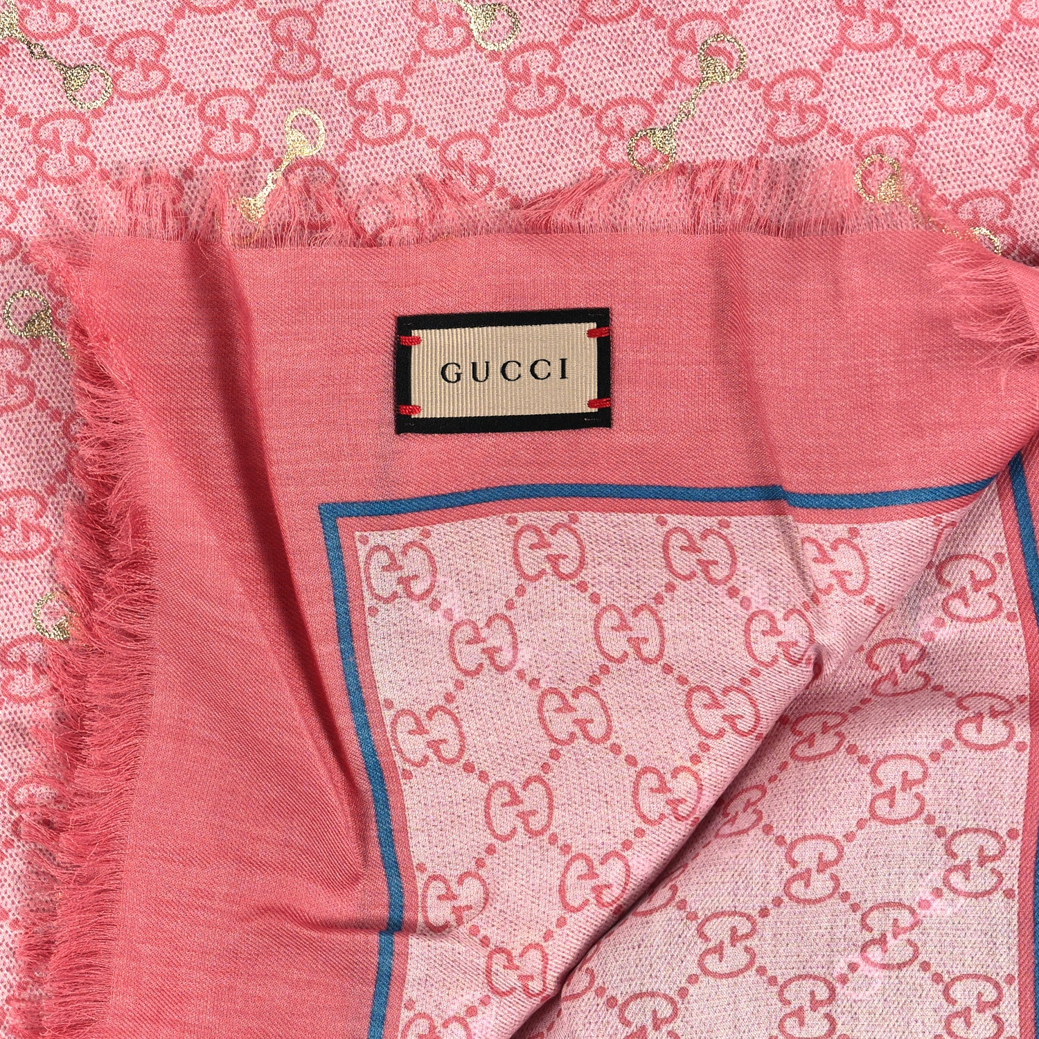 Gucci Modal Silk GG Monogram Big Gold Horsebit Fringe Shawl Pink Sky Blue 2 of 3