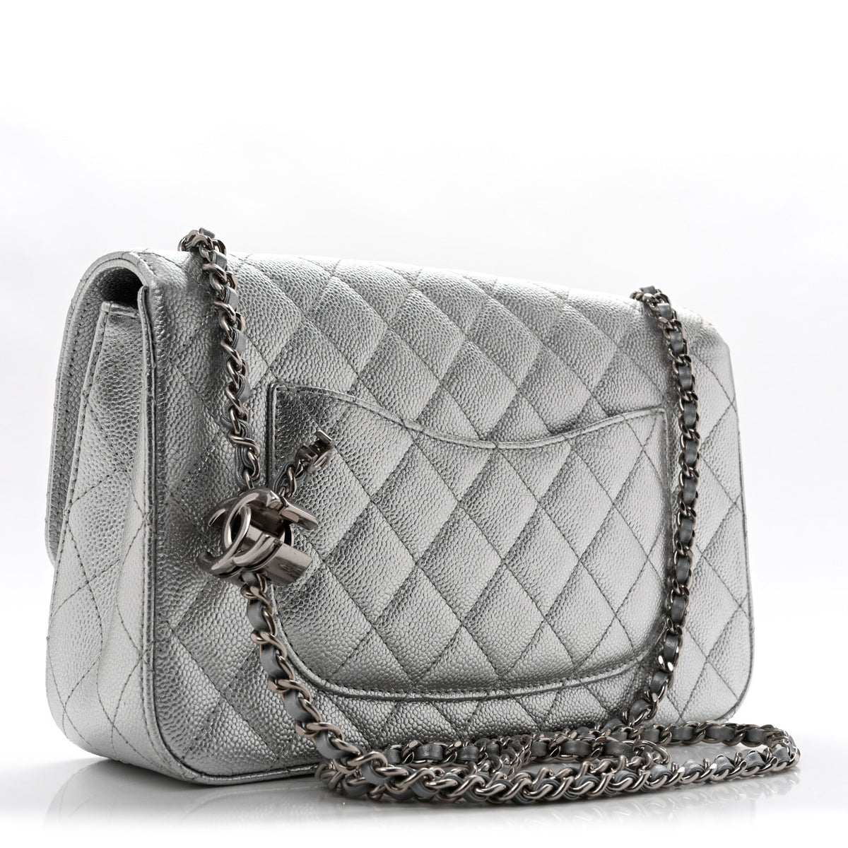 Metallic Caviar Quilted Medium CC Slide Flap Silver