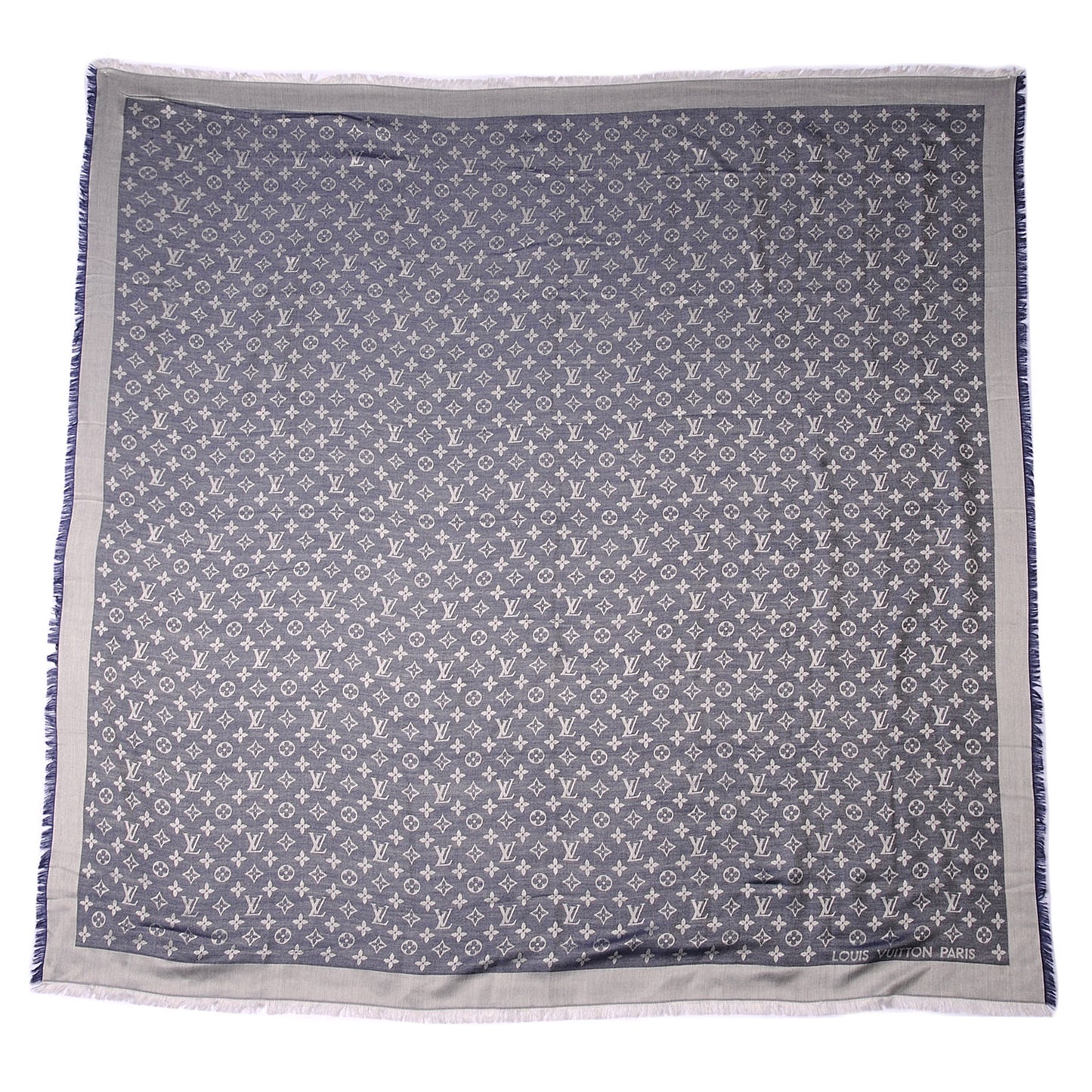 Wool Silk Monogram Denim Shawl Blue