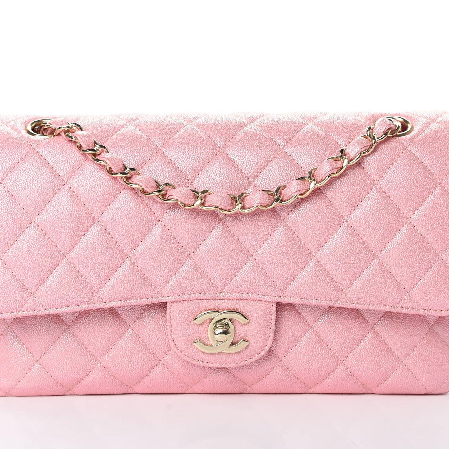 Iridescent Caviar Quilted Medium Double Flap Rose Pink