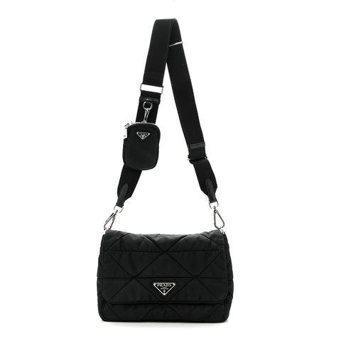 Re-Nylon Quilted Padded Flap Shoulder Bag Black