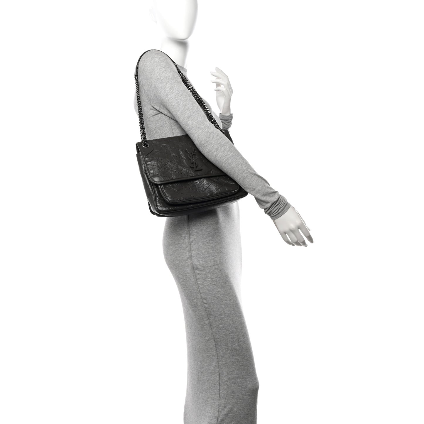 Crinkled Calfskin Matelasse Monogram Medium Niki Chain Satchel Pebble