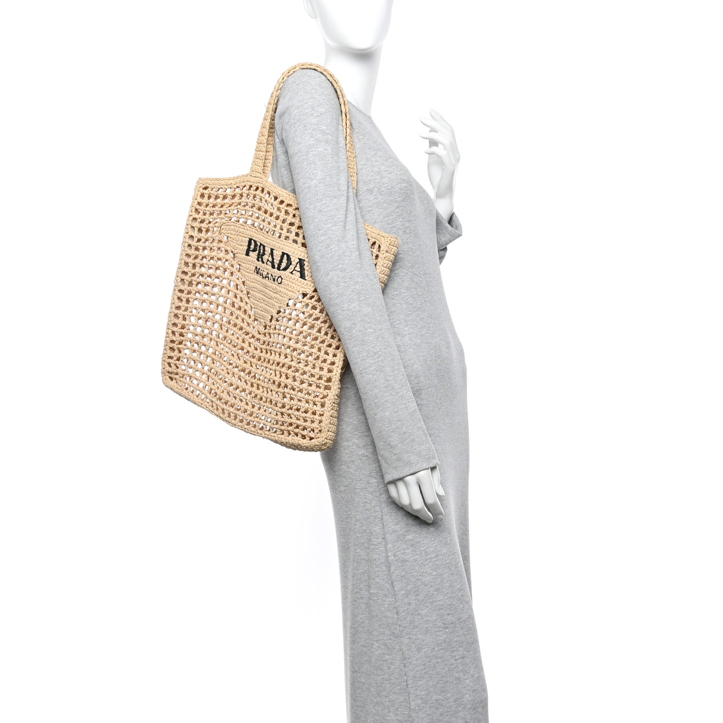 Yarn Raffia Effect Crochet Logo Embroidered Tote Bag Naturale