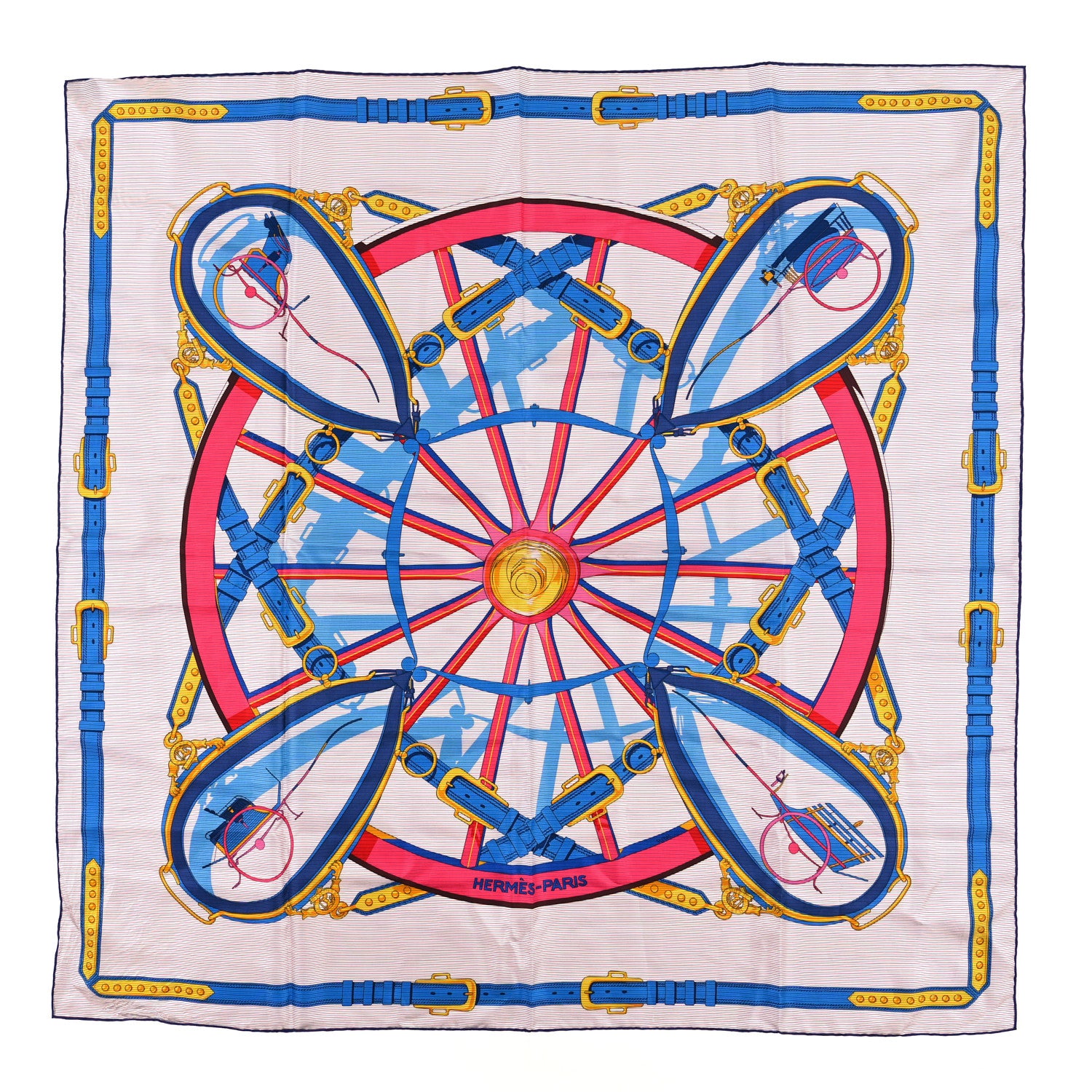 Hermes Silk En Roue Libre Chemise Scarf 90 Rose Vif Bleu Royal 1 of 3