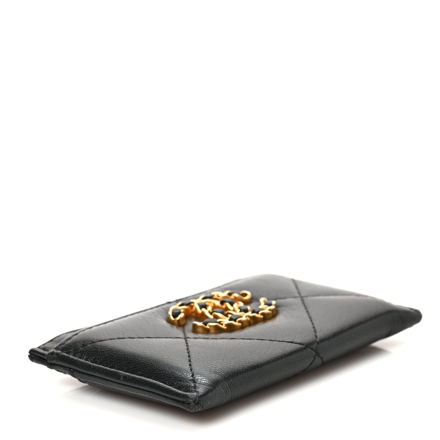 Shiny Goatskin Quilted Chanel 19 Card Holder Black