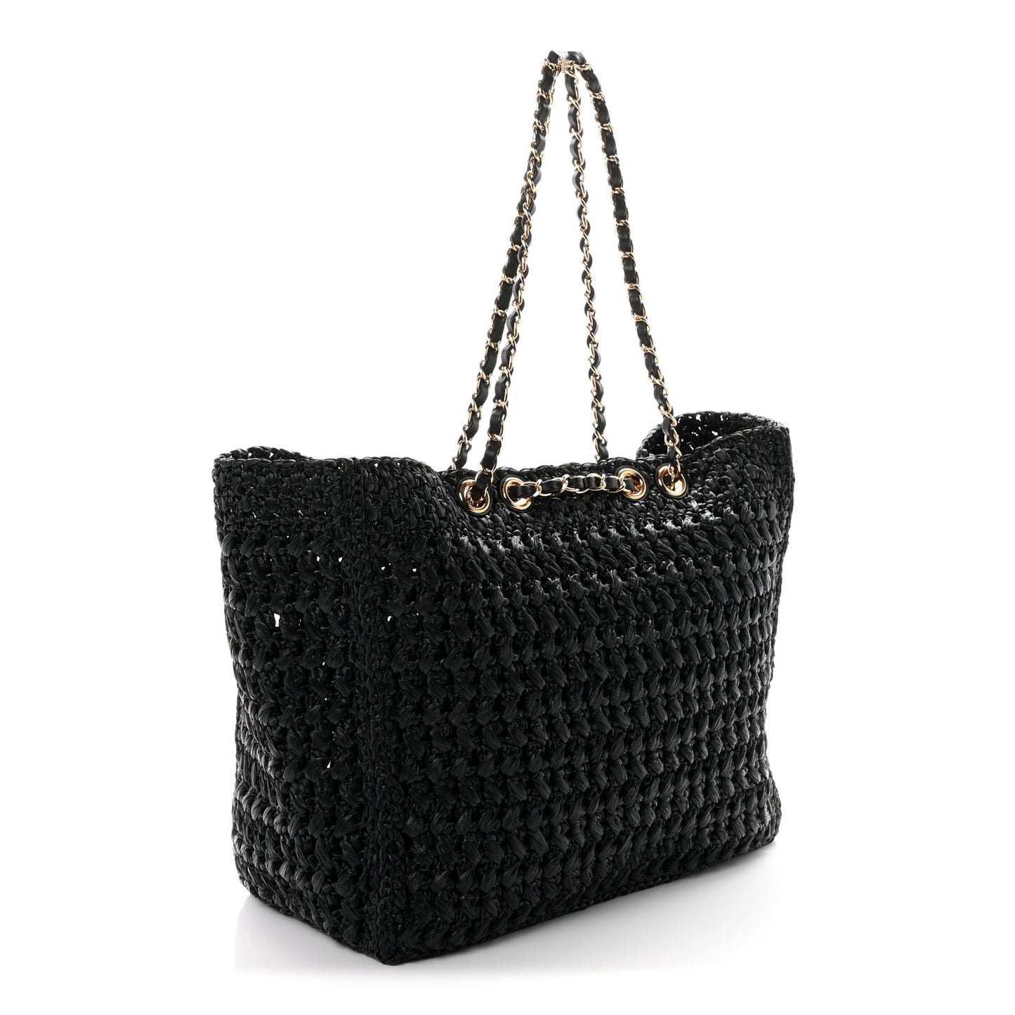 Raffia Effect Calfskin Coco Beach Shopping Tote Black