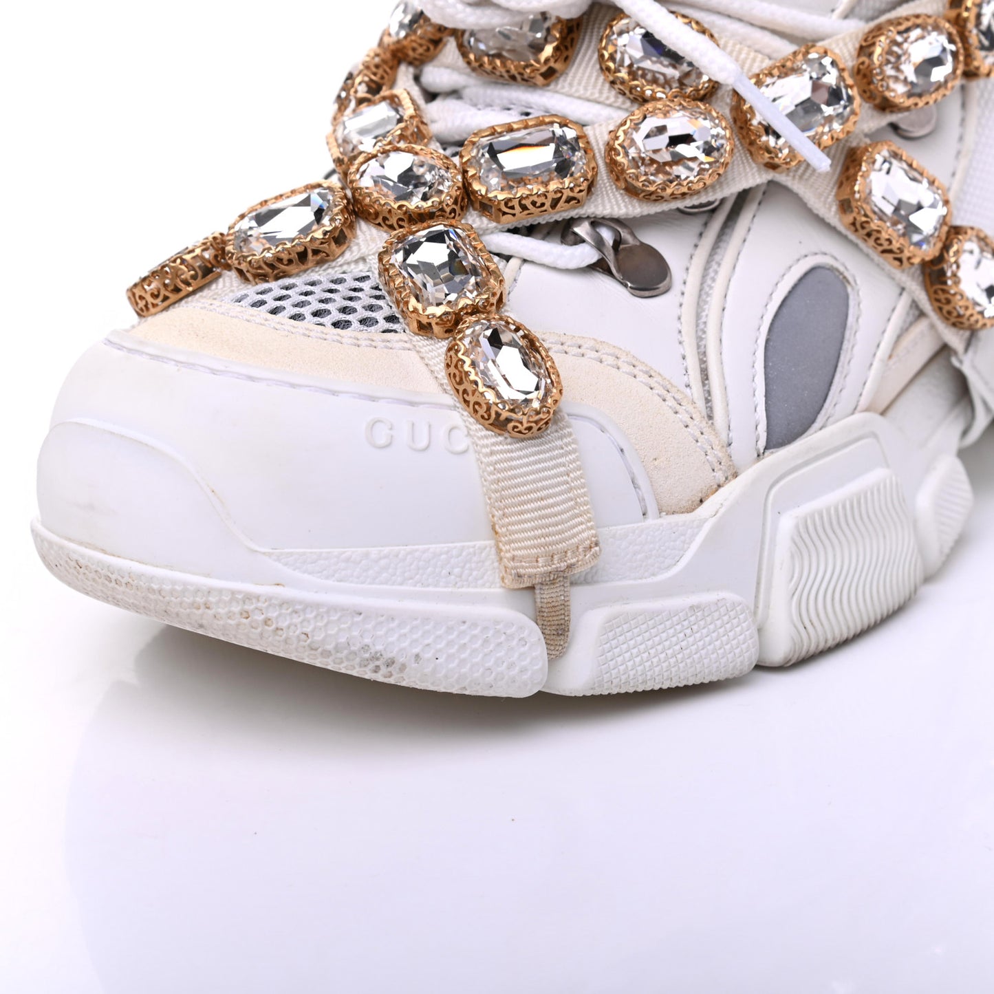 X SEGA Mesh Calfskin Suede Removable Crystals Womens Flashtrek Sneakers 38.5 Great White