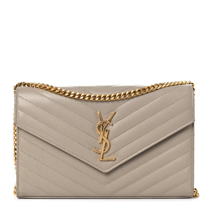 Saint Laurent Grain De Poudre Matelasse Chevron Monogram Chain Wallet Dark Beige 1 of 17