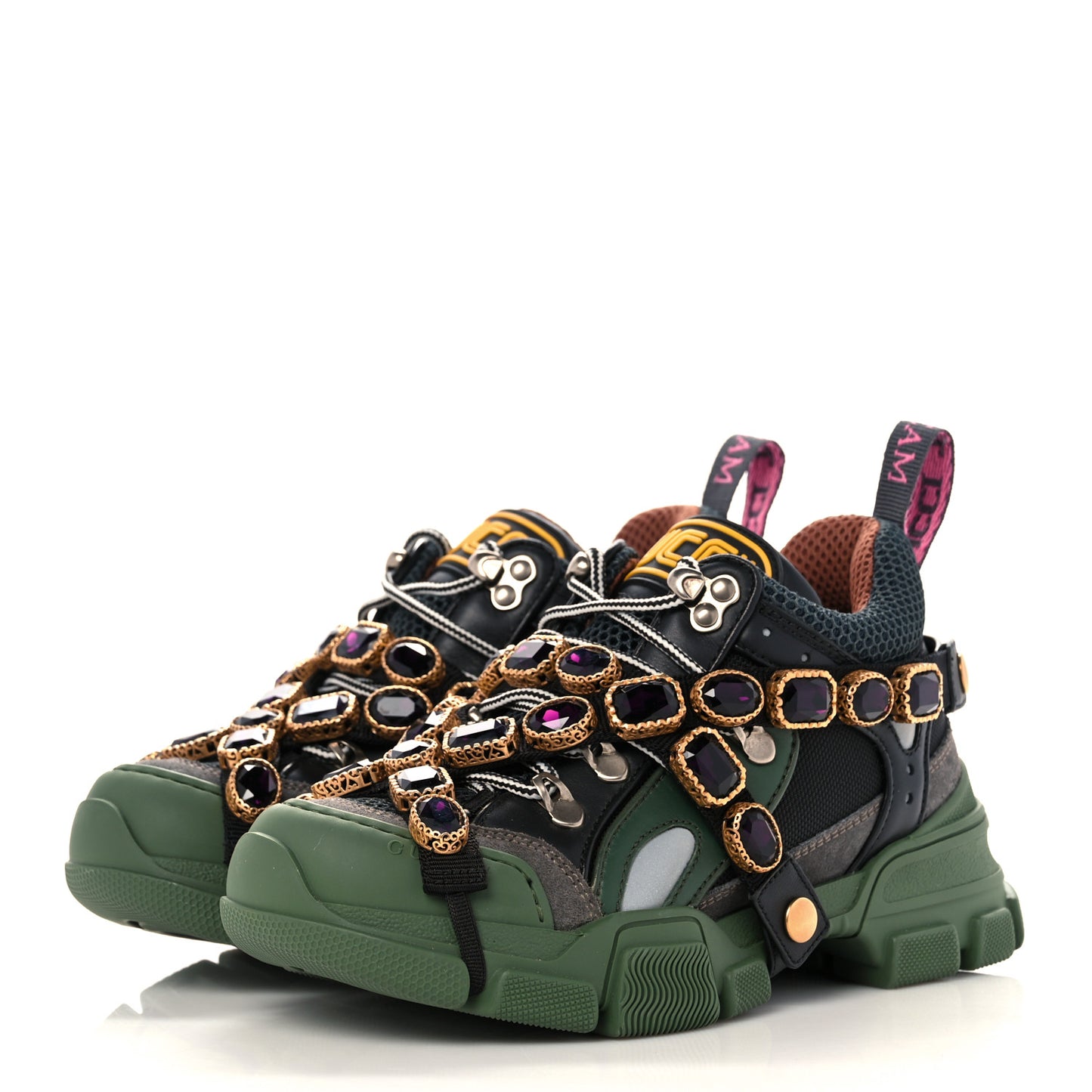 X SEGA Mesh Suede Calfskin Removable Crystals Flashtrek Sneakers 35.5 Loess Black Olive Green