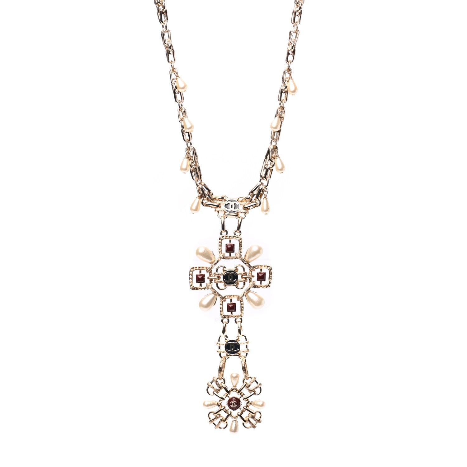 Chanel Metal Resin Bead Pearl CC Short Pendant Necklace Gold Multicolor 1 of 5