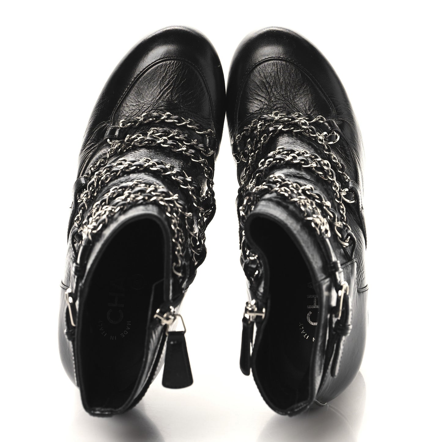 Crackled Calfskin Chain CC Short Boots 38 Black