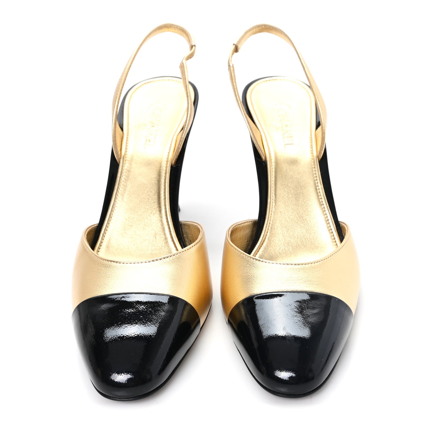 Laminated Lambskin Patent Cap Toe CC Apple Slingback Pumps 40 Gold Black
