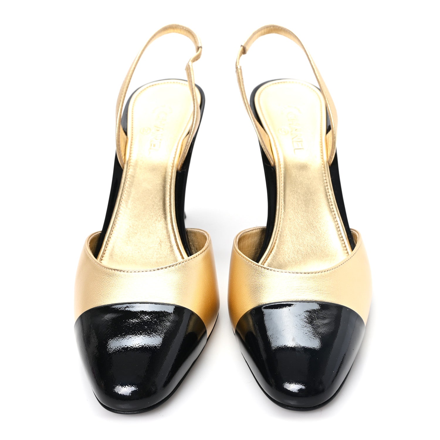 Chanel Laminated Lambskin Patent Cap Toe CC Apple Slingback Pumps 40 Gold Black 3 of 10