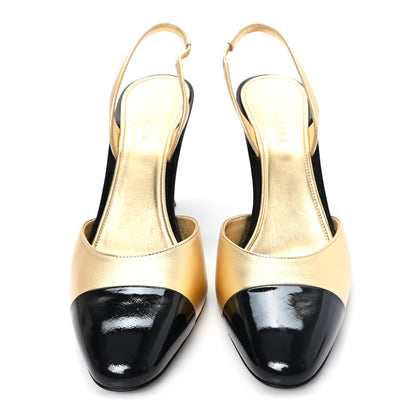 Chanel Laminated Lambskin Patent Cap Toe CC Apple Slingback Pumps 40 Gold Black 3 of 10