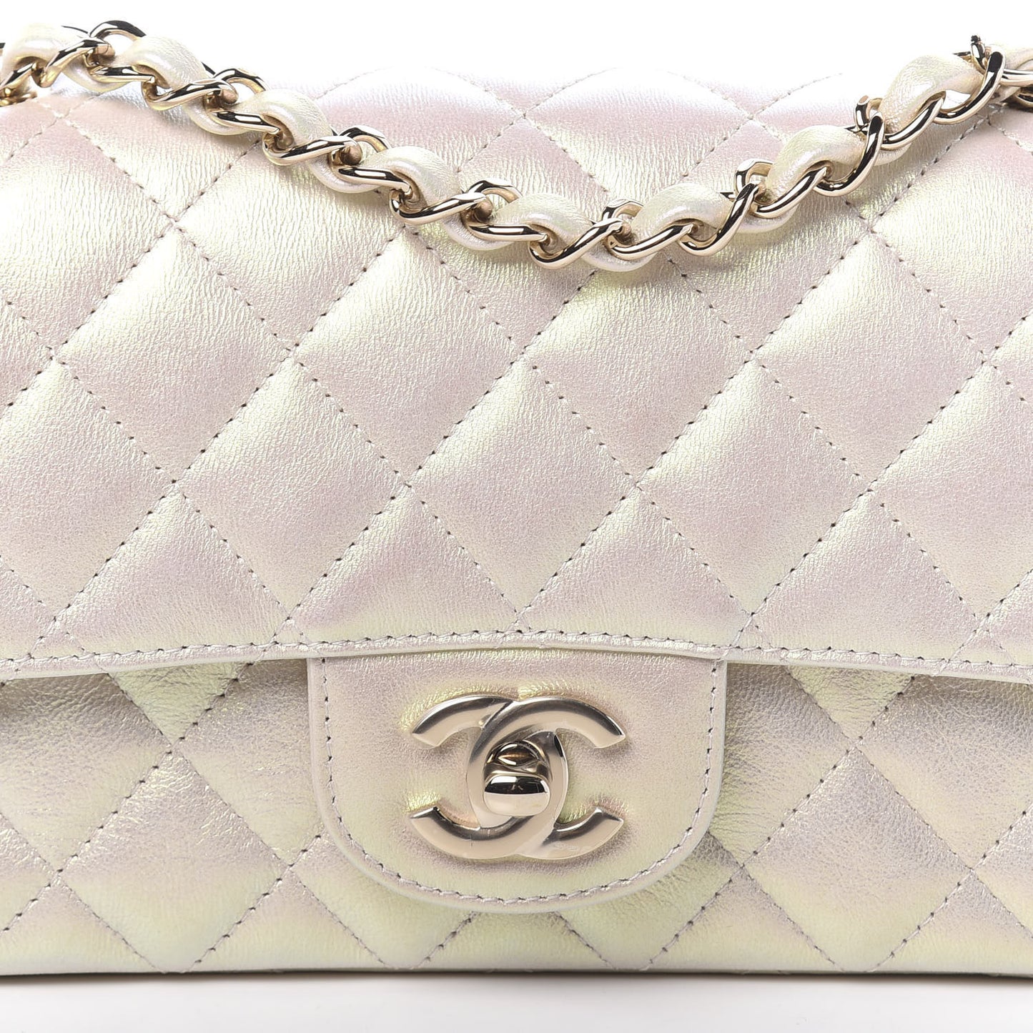 Iridescent Lambskin Quilted Mini Rectangular Flap Ivory