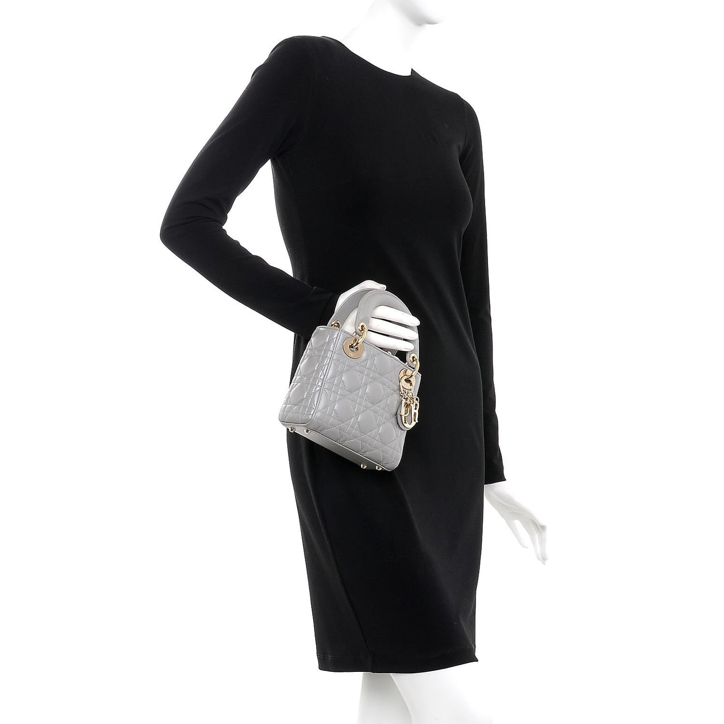 Metallic Lambskin Cannage Mini Lady Dior Grey