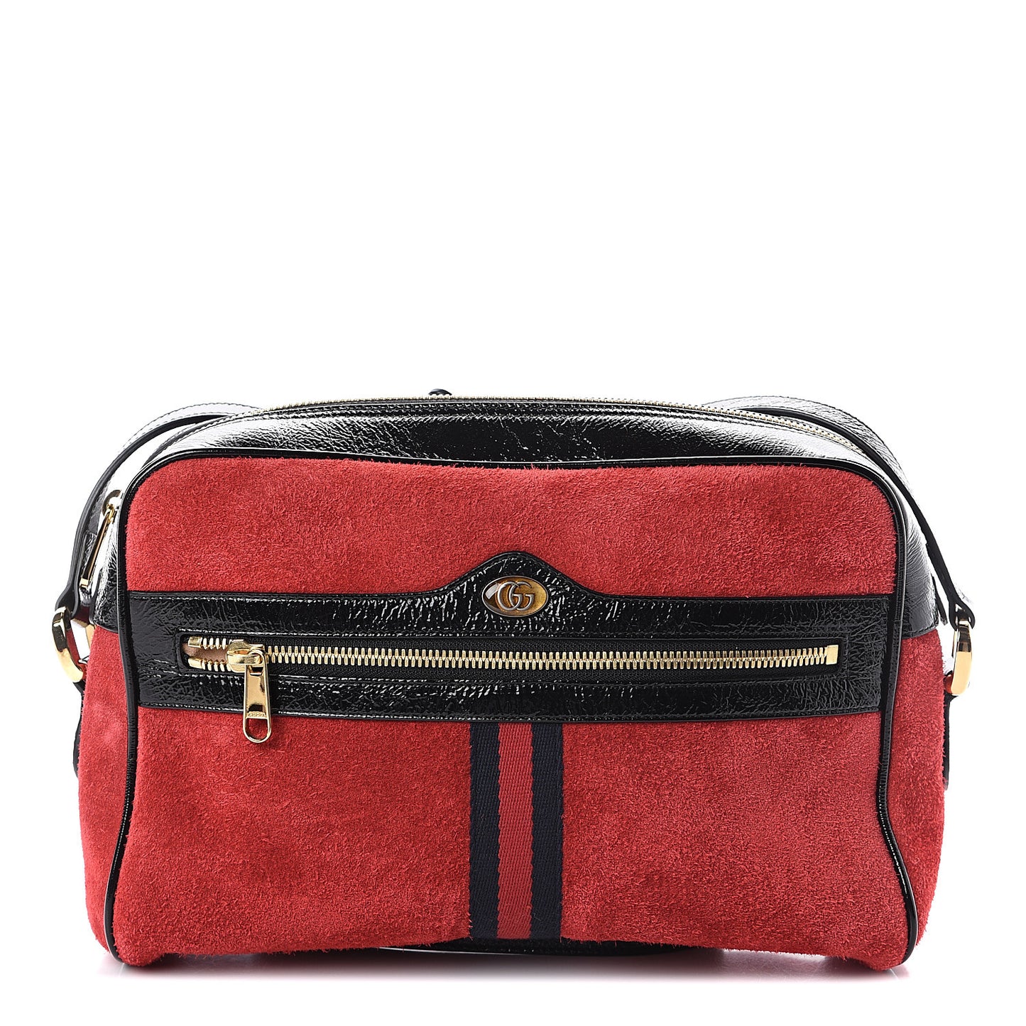 Suede Patent Web Small Ophidia Shoulder Bag Hibiscus Red Black